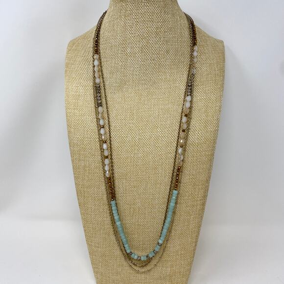 CHLOE + ISABEL Multi-Strand Gemstone Necklace Bead Crystal Glass Gold Tone 32" - Picture 1 of 9